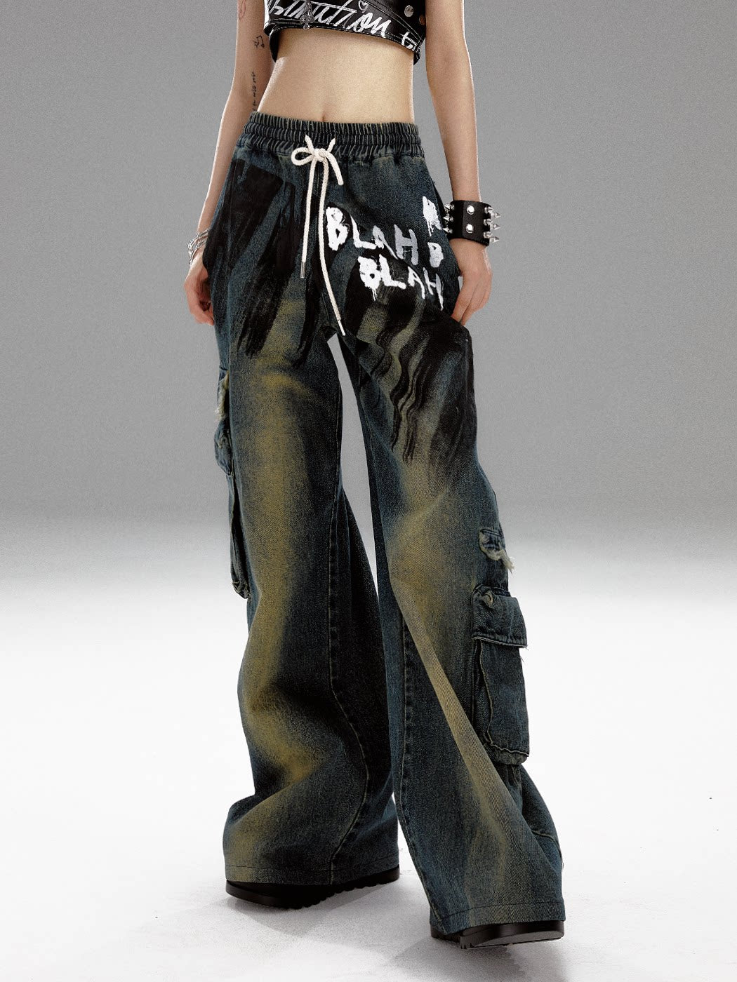 Washed Graffiti Wide-Leg Straight Dnim Jeans