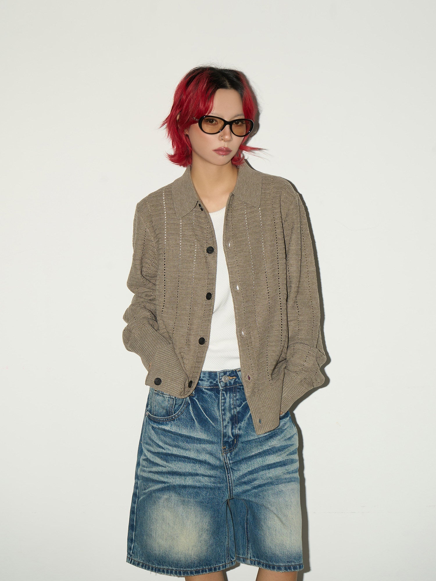 Hollow Textured Lapel Knit Cardigan