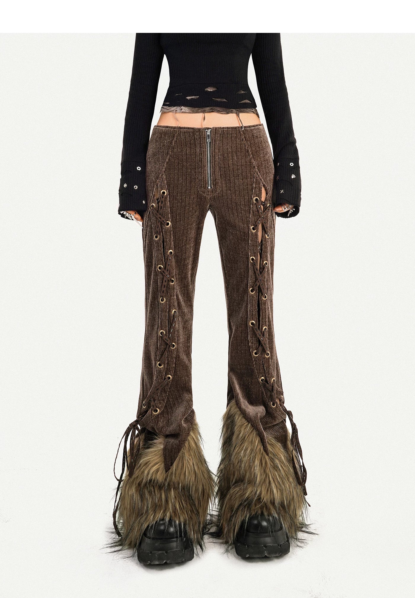 Corduroy Patchwork Fake Fur Lace-Up Slimming Pants