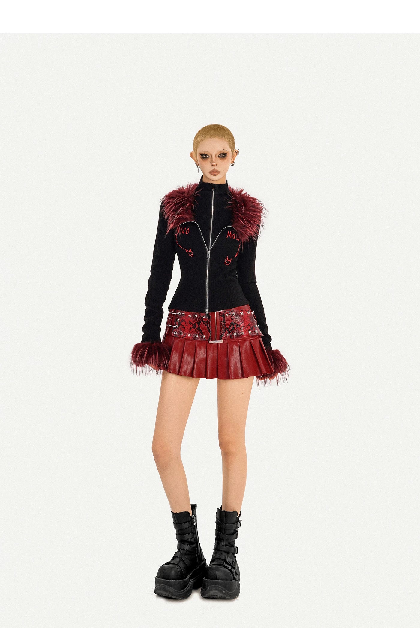 Fake Layered Double Zipper Flame Fake Fur Collar Knit Cardigan