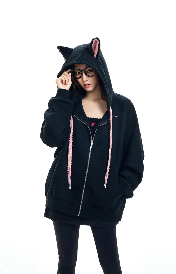 Ear Fleece Oversize Zipper Hoodie