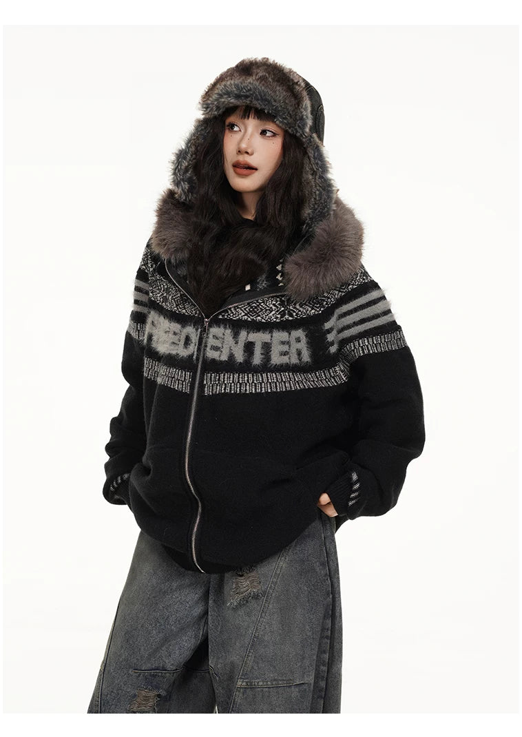 Fair Isle Hooded Detachable Fur Collar Knit Cardigan