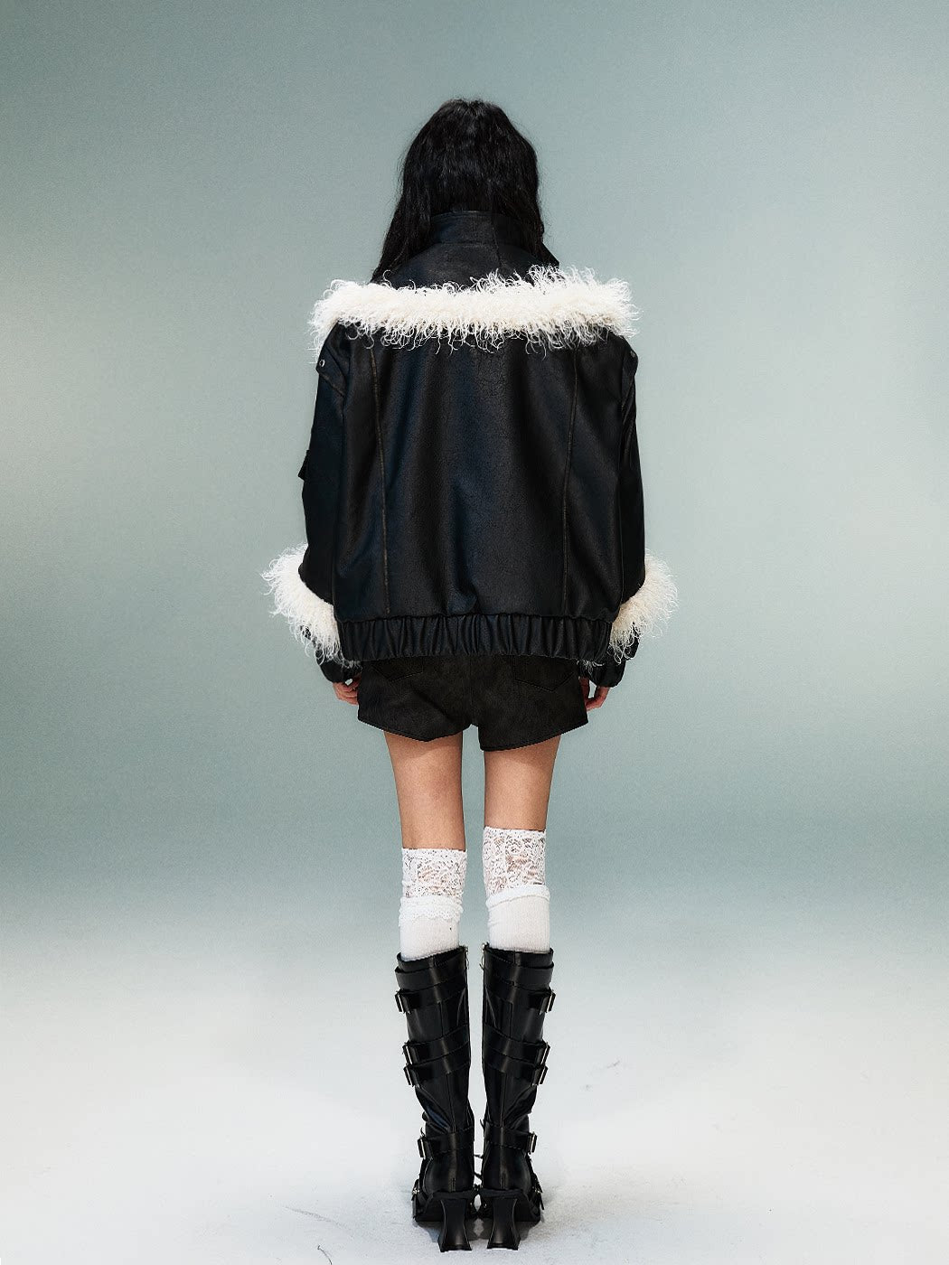 Fake Layered Washed Thickened PU Leather Padded Short Jacket