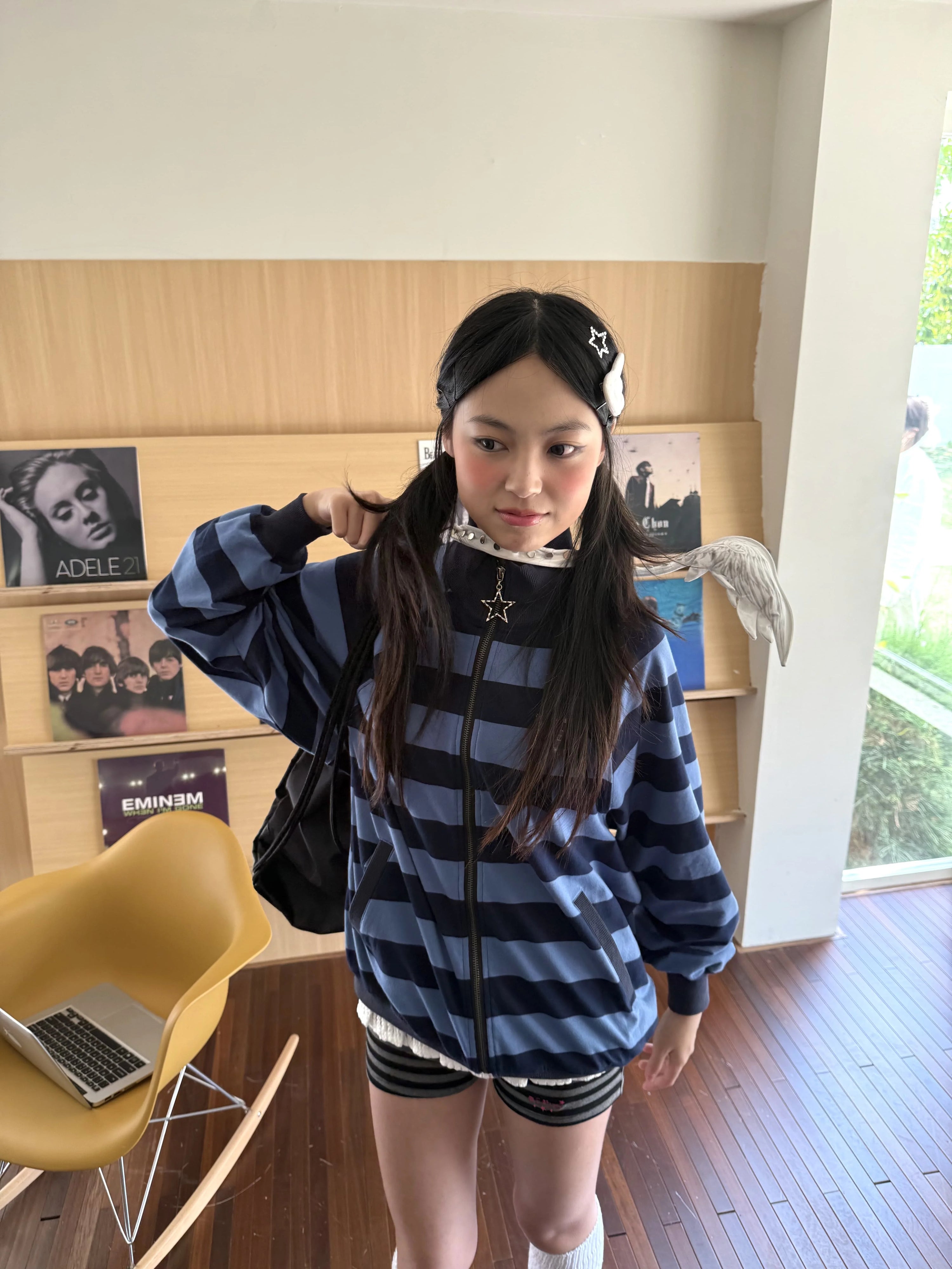Striped Oversize Stand Collar Zipper Jacket