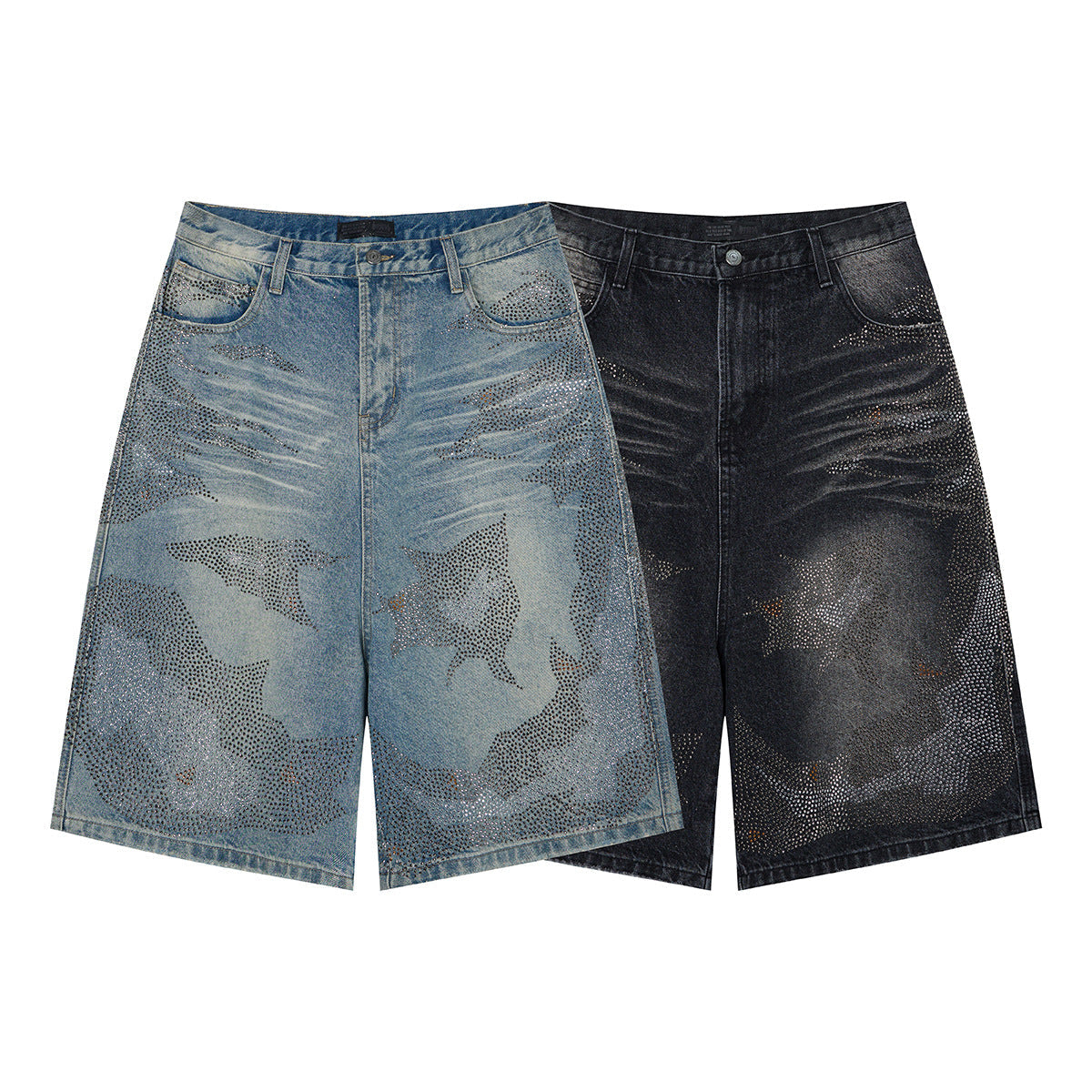Rhinestone Camouflage Wash Denim Jort