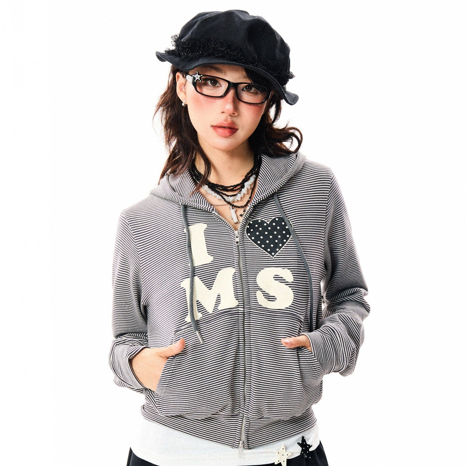 Heart Letter Print Stripe Cropped Zipper Hoodie