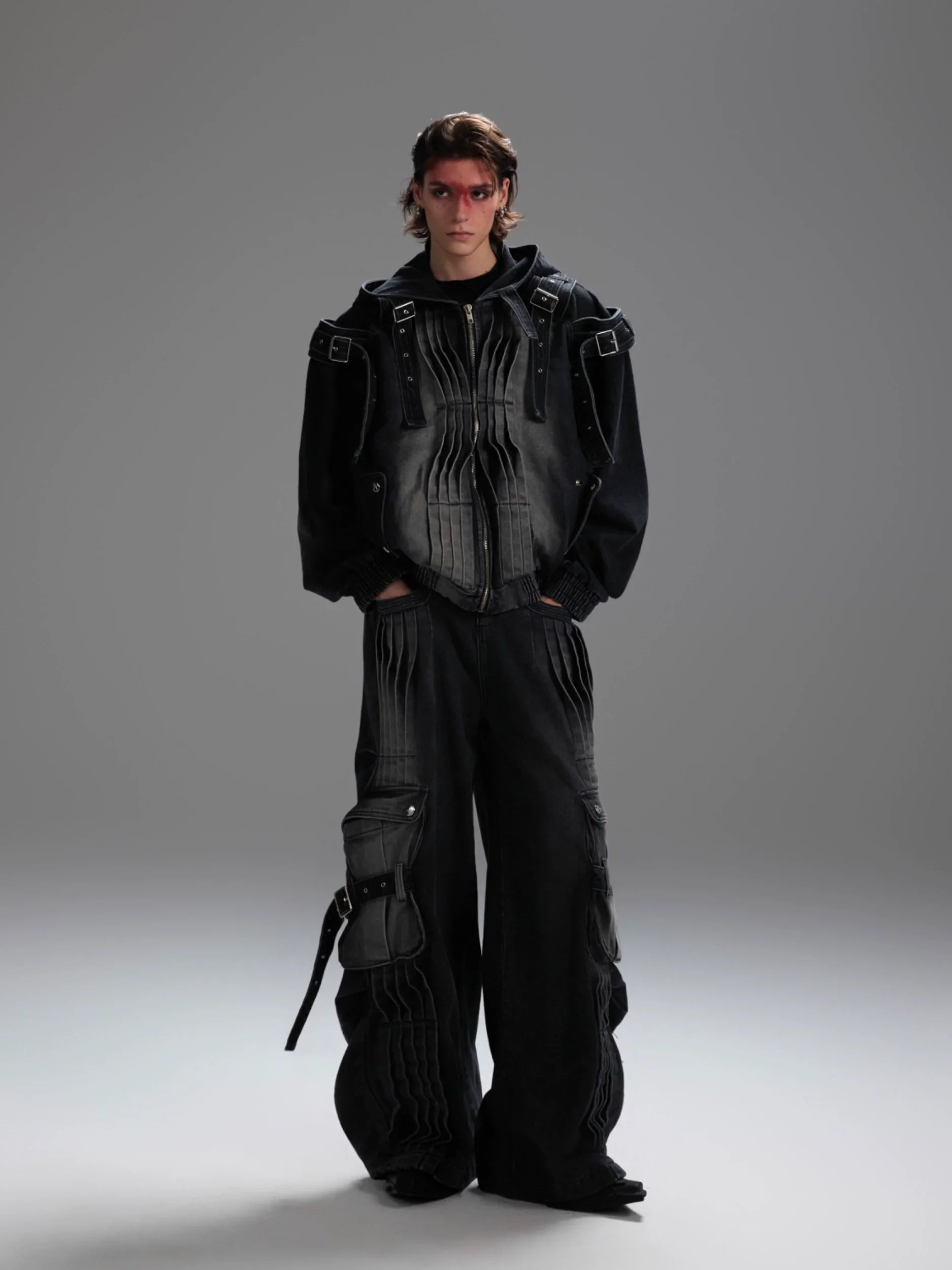 Heavyweight Zipper Denim Hooded Jacket & Wide Leg Denim Jeans Setup