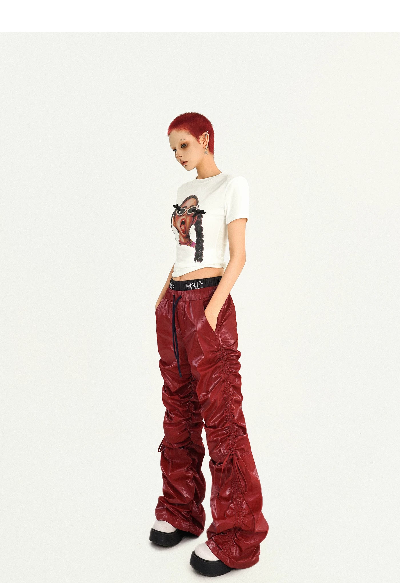 Tie Cord Pleats Double Waist Pants