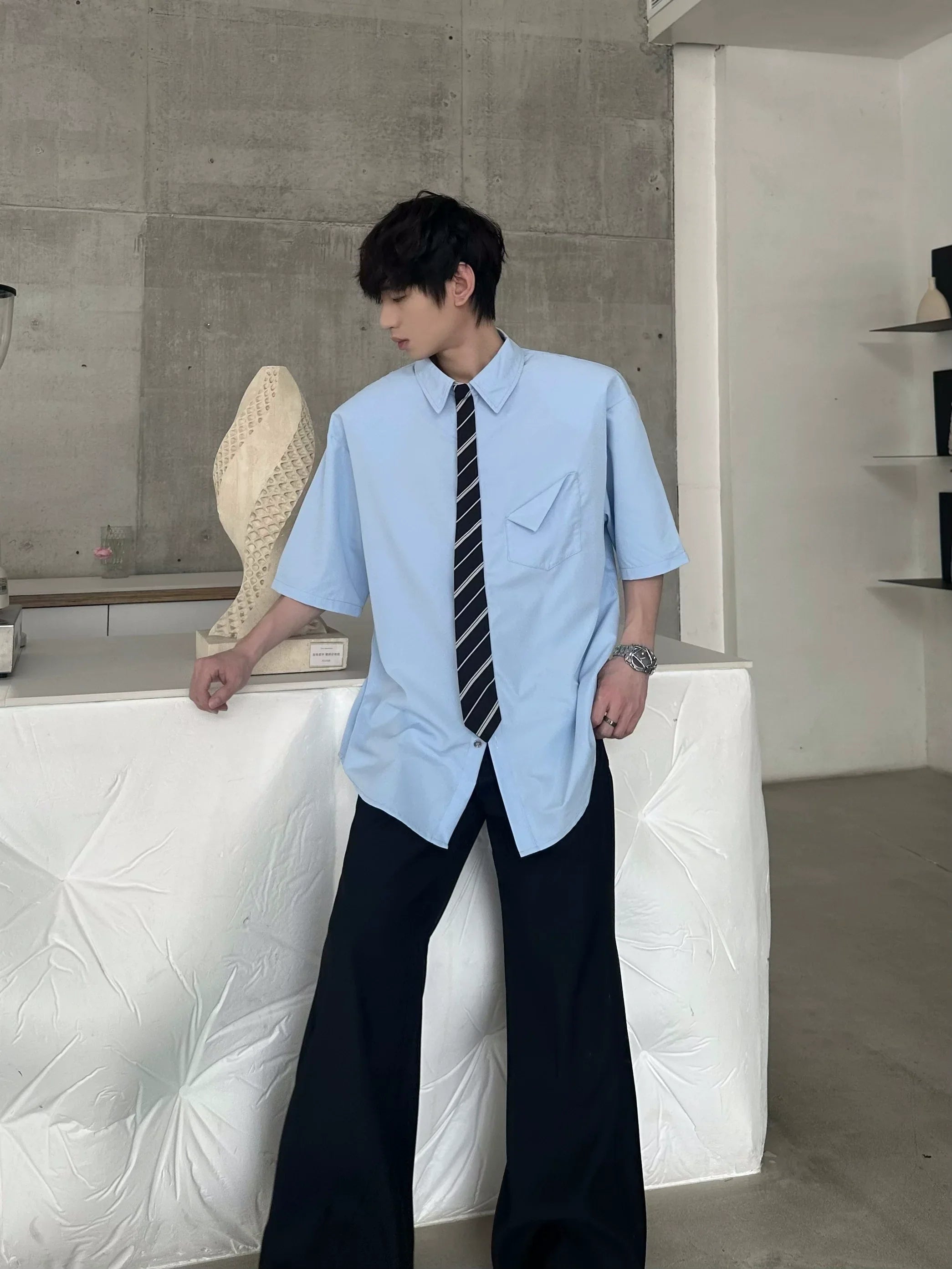 Shoulder-Pad Tie Patchwork Short Sleeve Shirt