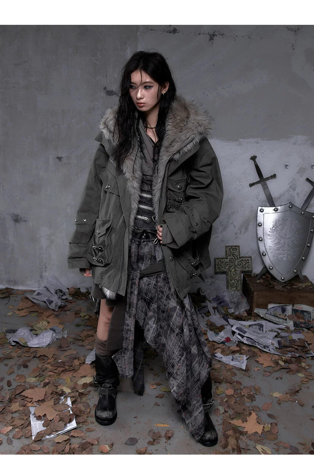 Fake Fur Hooded Multi-Pocket Buckle Detail Jacket
