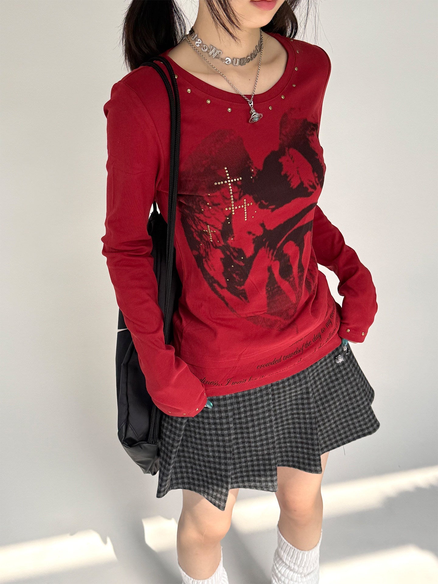 Cross Print Rivet Long Sleeve T-Shirt