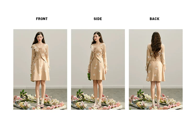 Rose Design Knit Cardigan & Knit Short Skirt Setup