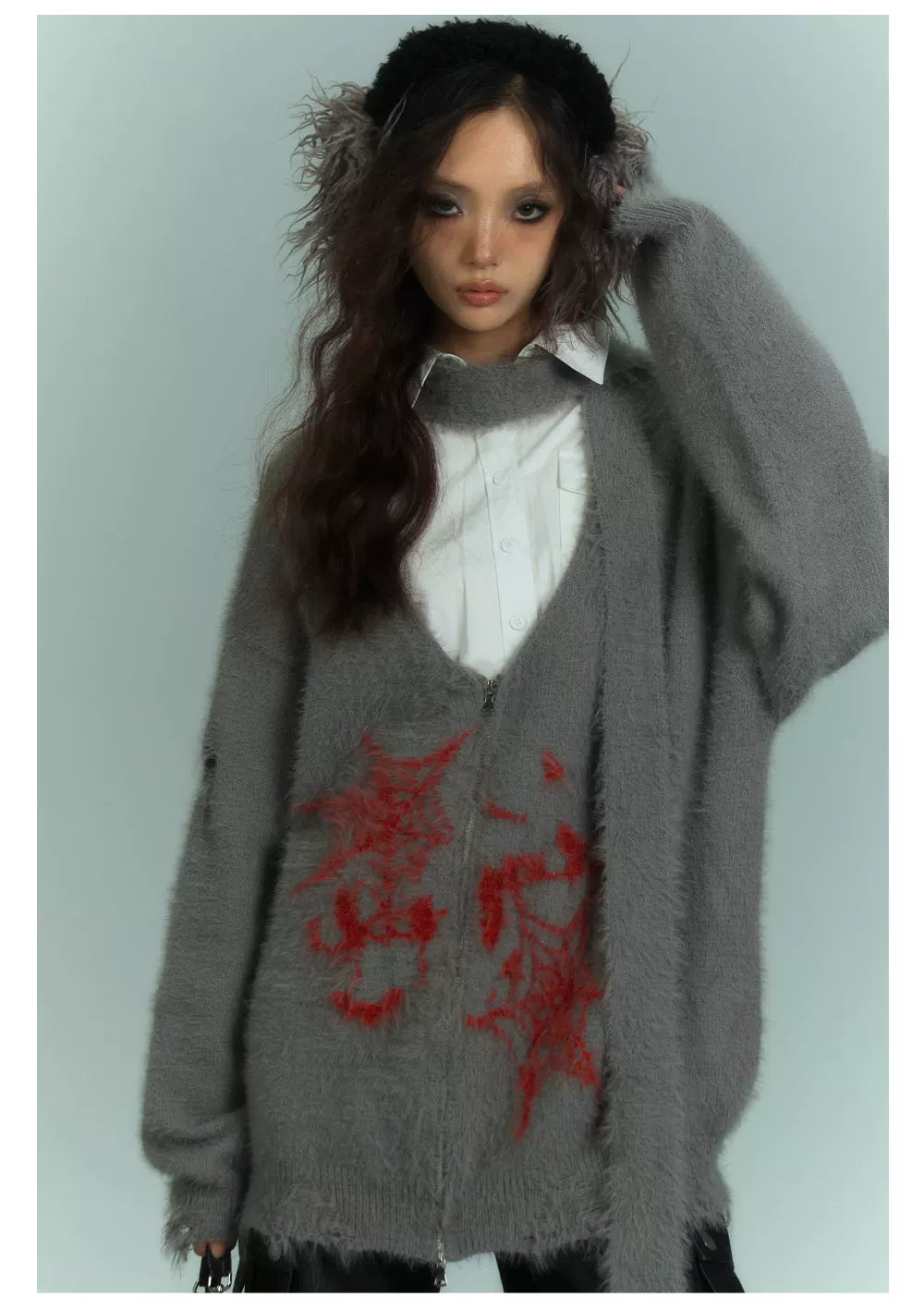 V-Neck Fake Mink Damage Zipper Knit Cardigan