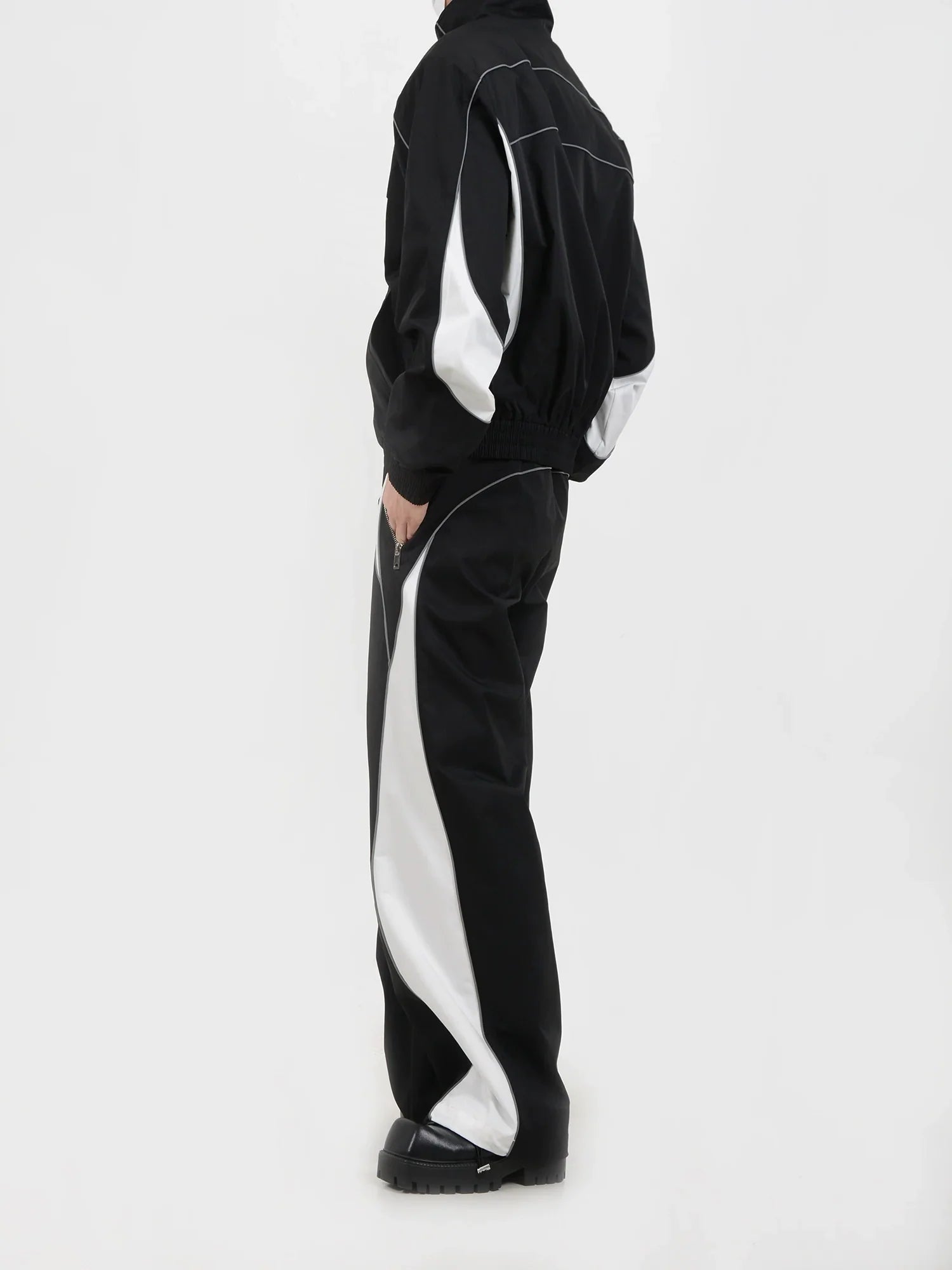 Contrast Color Sporty Jacket & Wide-leg Sporty Pants Setup