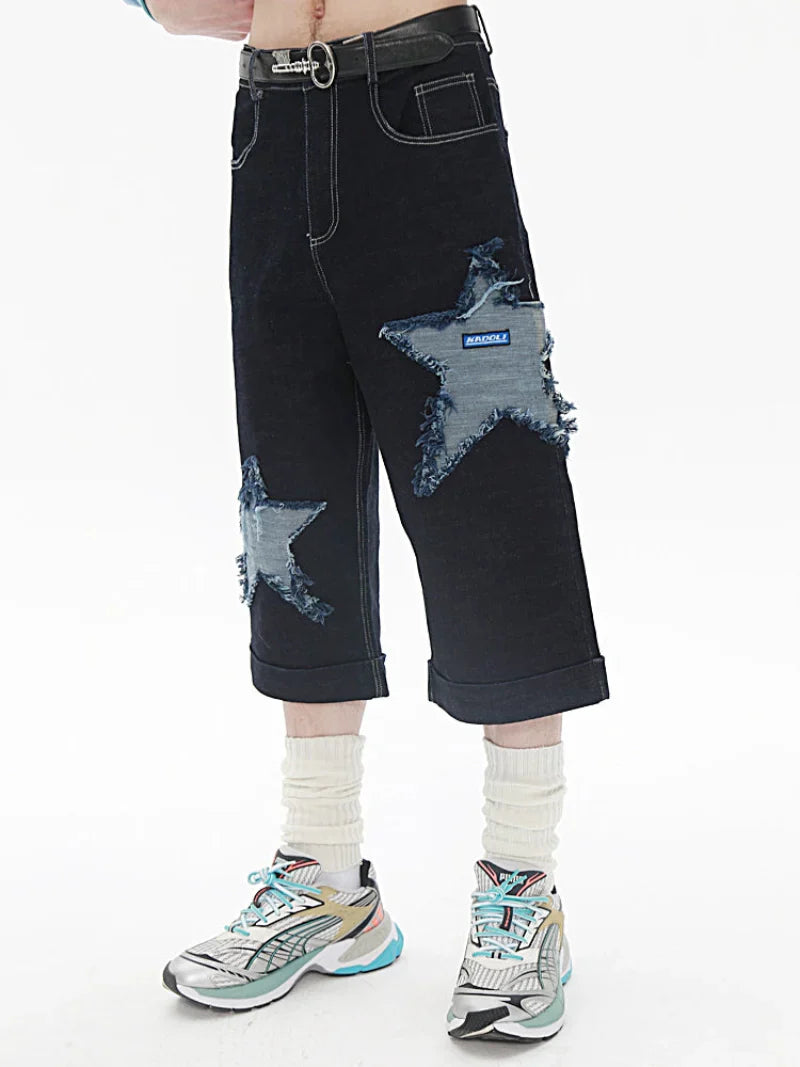 Star Patch Design Denim Half Jeans