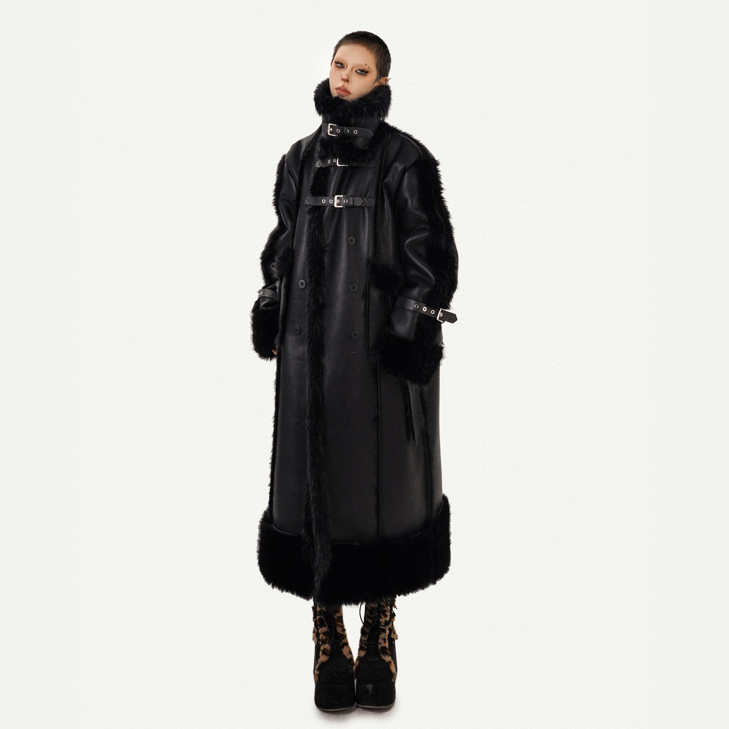 PU Leather Fake Fur Stand Neck Coat