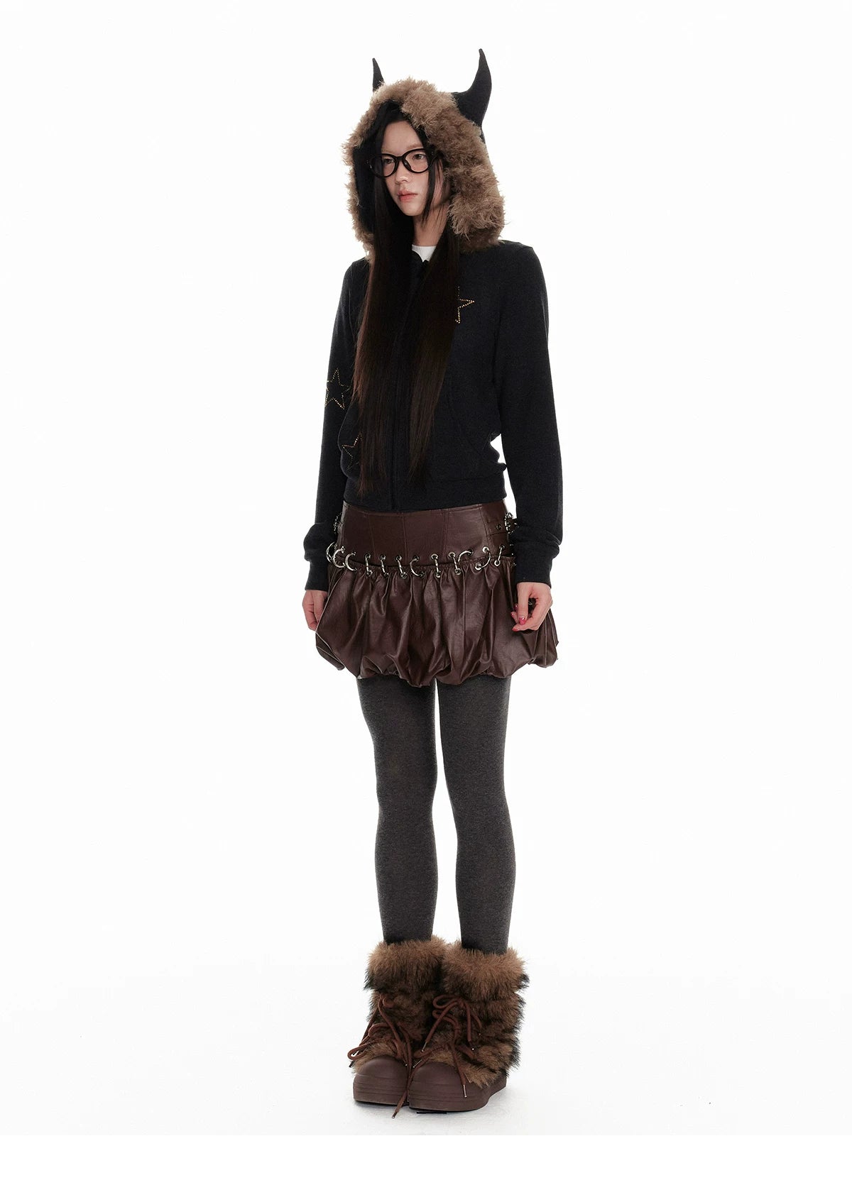 Horn Fur Collar Fuzzy Zipper Hoodie & Wide-Leg Pants Setup