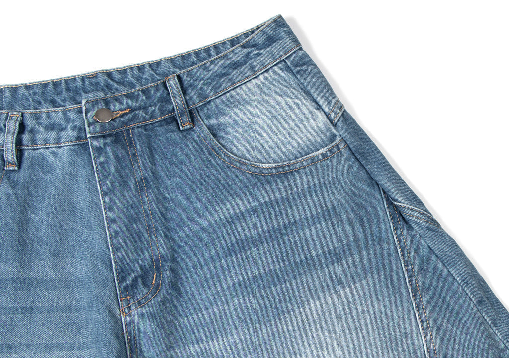 Washed Panel Design Wide Leg Denim Jeans