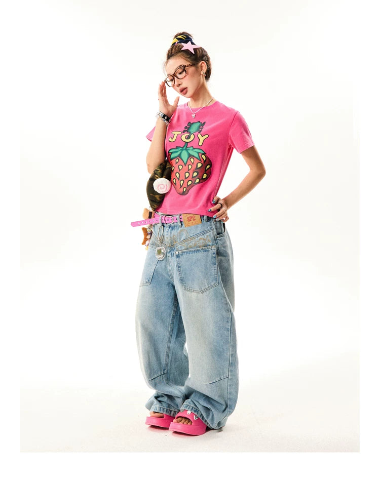 Strawberry Print Cropped Short Sleeve T-Shirt