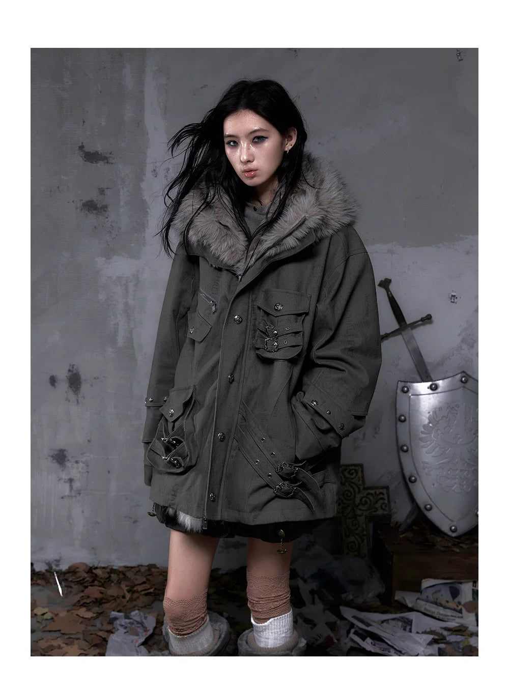 Fake Fur Hooded Multi-Pocket Buckle Detail Jacket