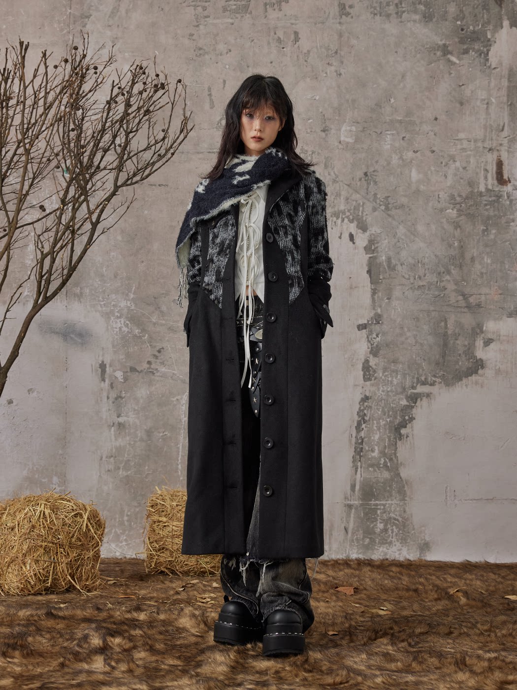 High-Neck Studs Patchwork Wool Coat