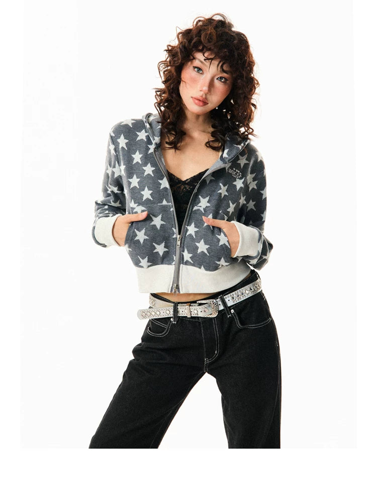 Star Print Cropped Zip-Up Hoodie