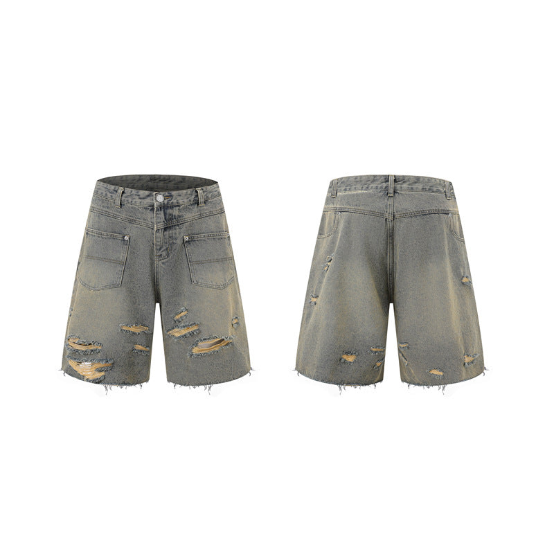 Washed Damage Wide Leg Denim Short Pants