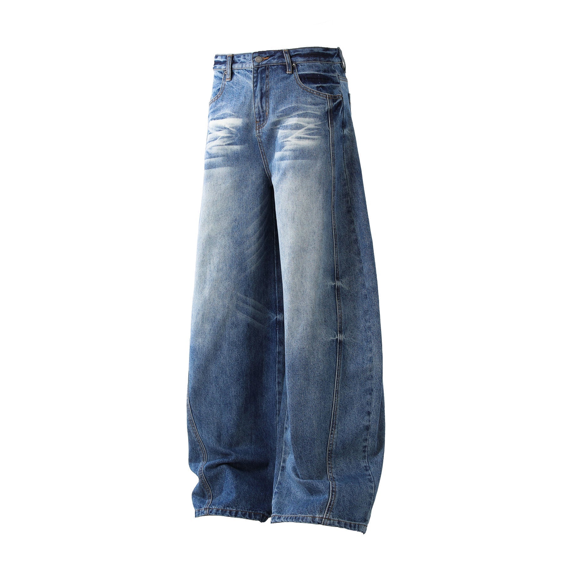 Deconstruction Whisker Curved Wide Leg Denim Jeans