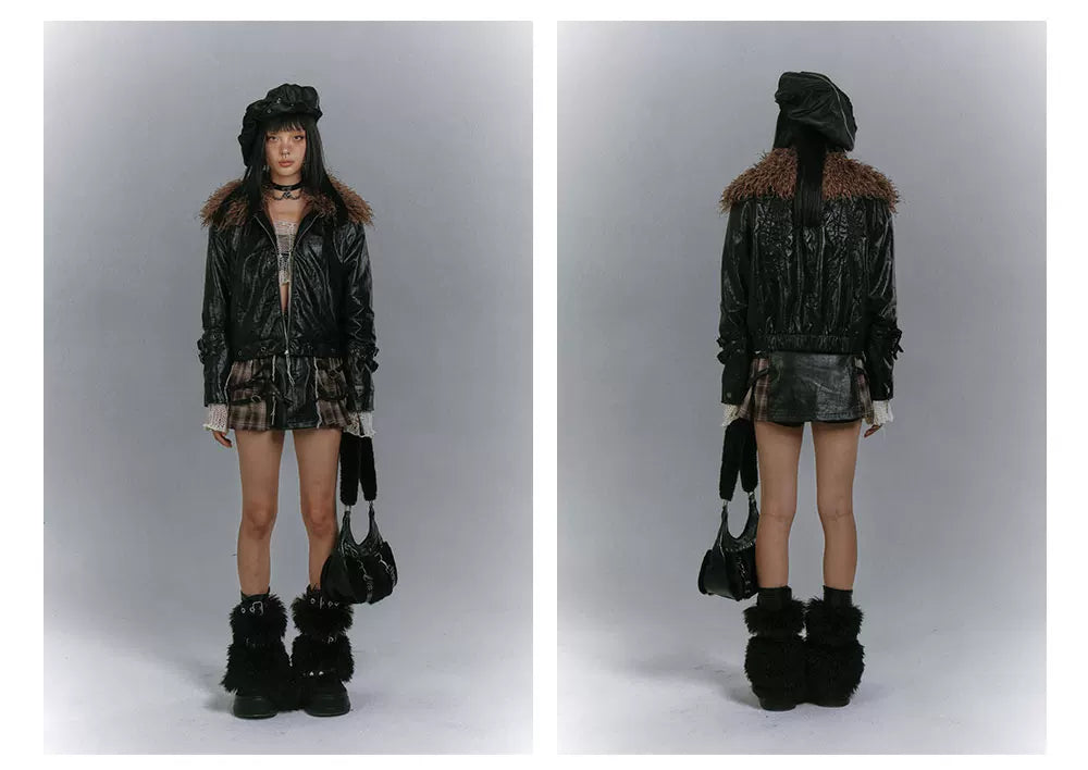 Detachable Fur Collar Glossy Padded PU Leather Jacket