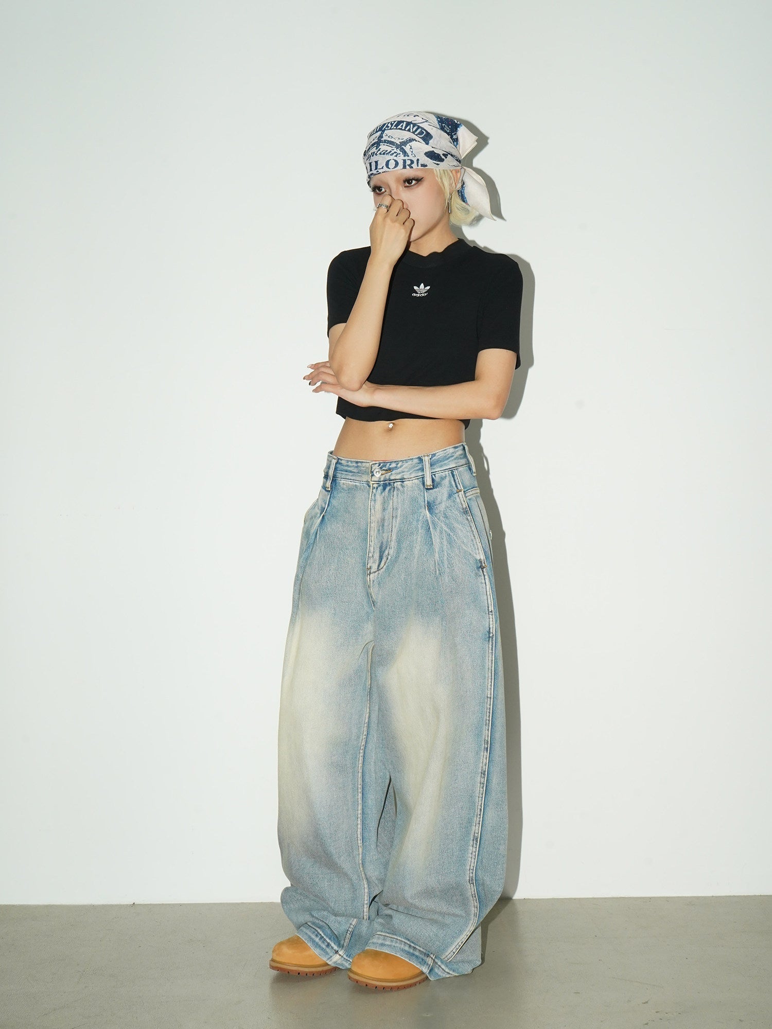 Washed Drape Wide Leg Denim Jeans