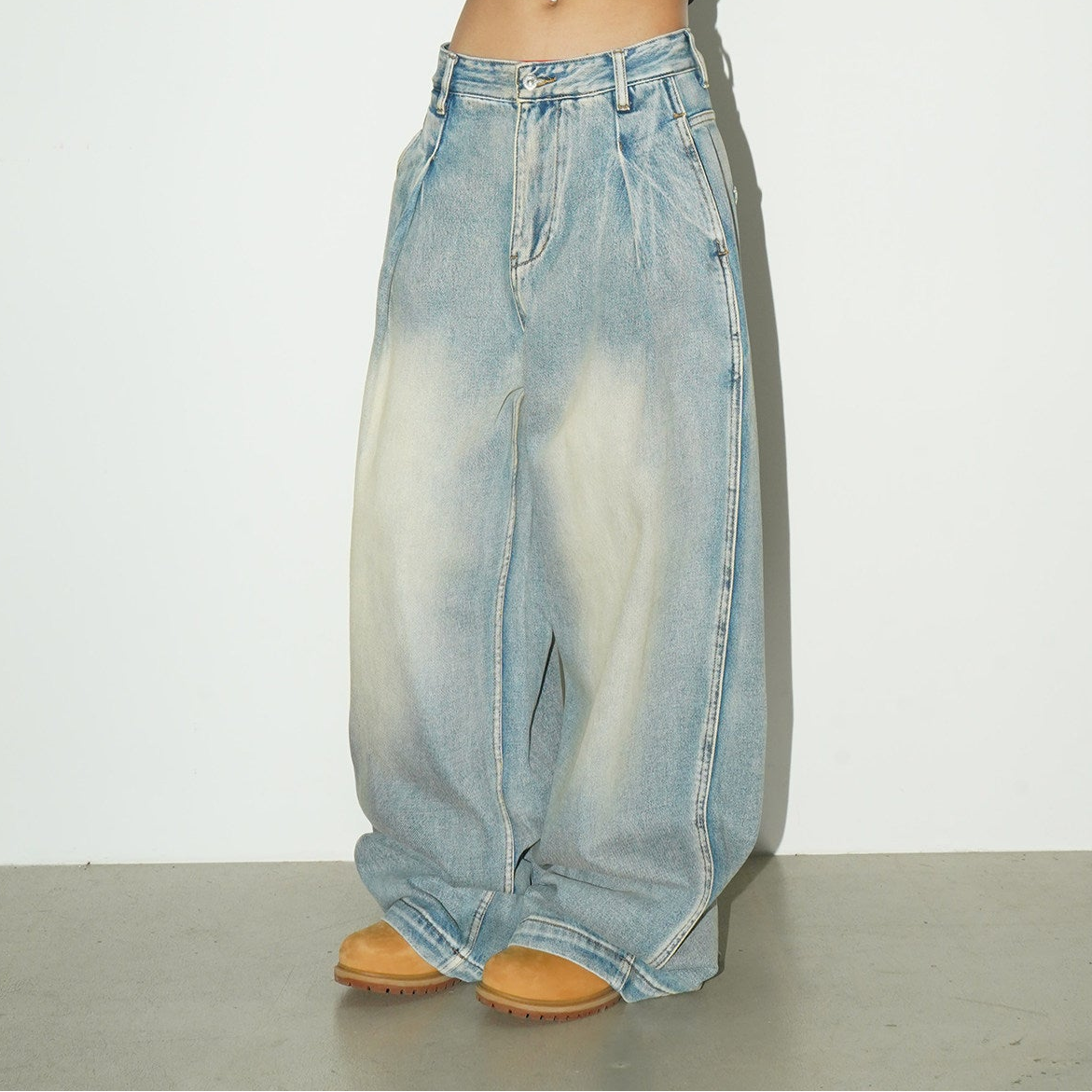 Washed Drape Wide Leg Denim Jeans