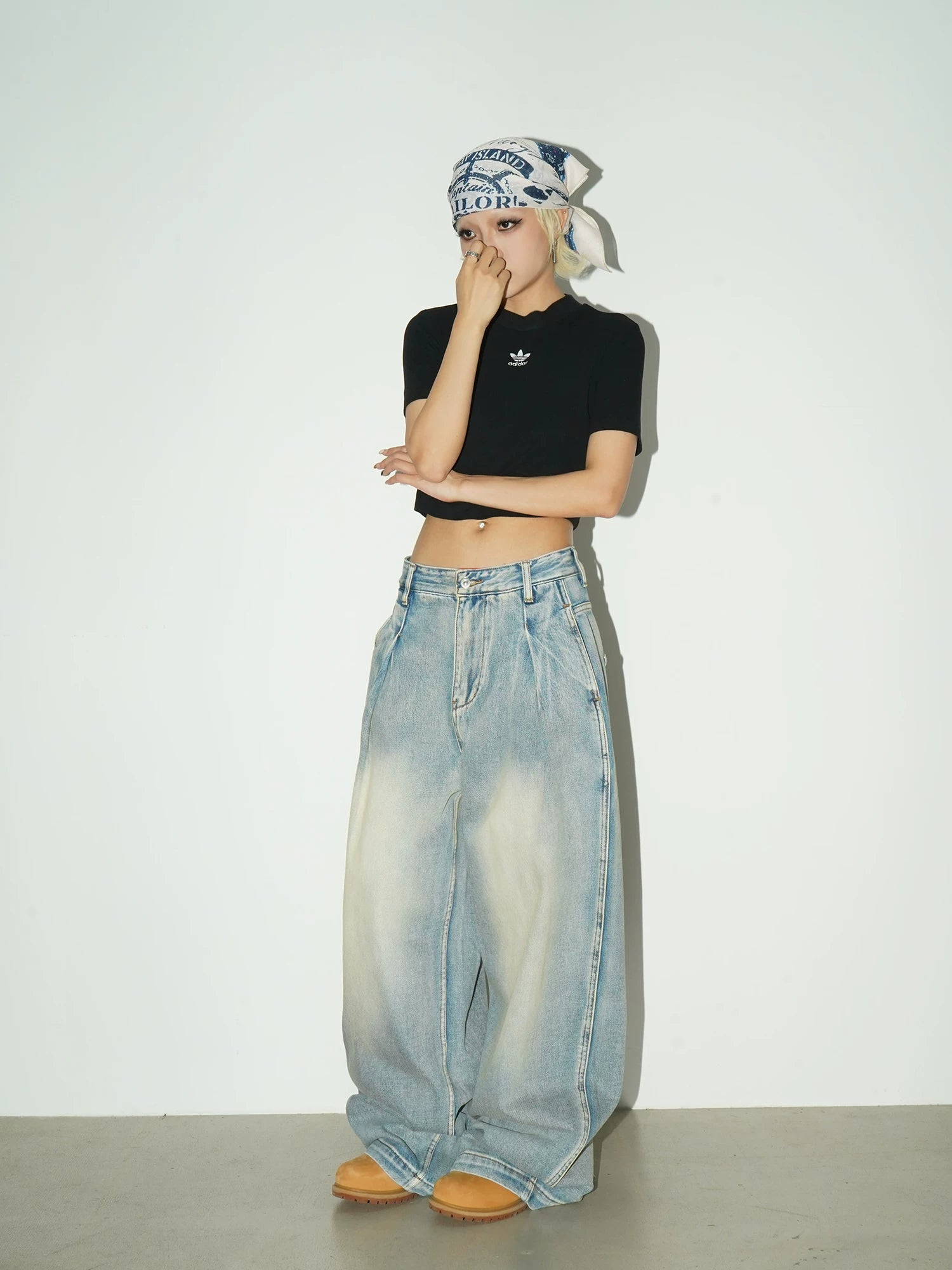 Washed Drape Wide Leg Denim Jeans