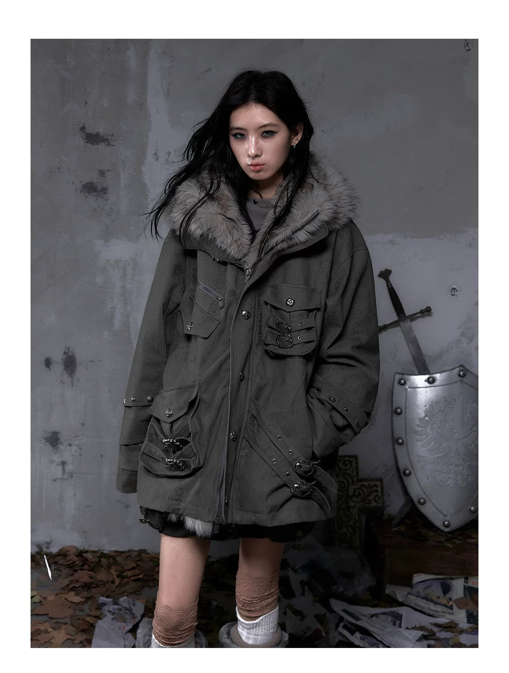 Fake Fur Hooded Multi-Pocket Buckle Detail Jacket