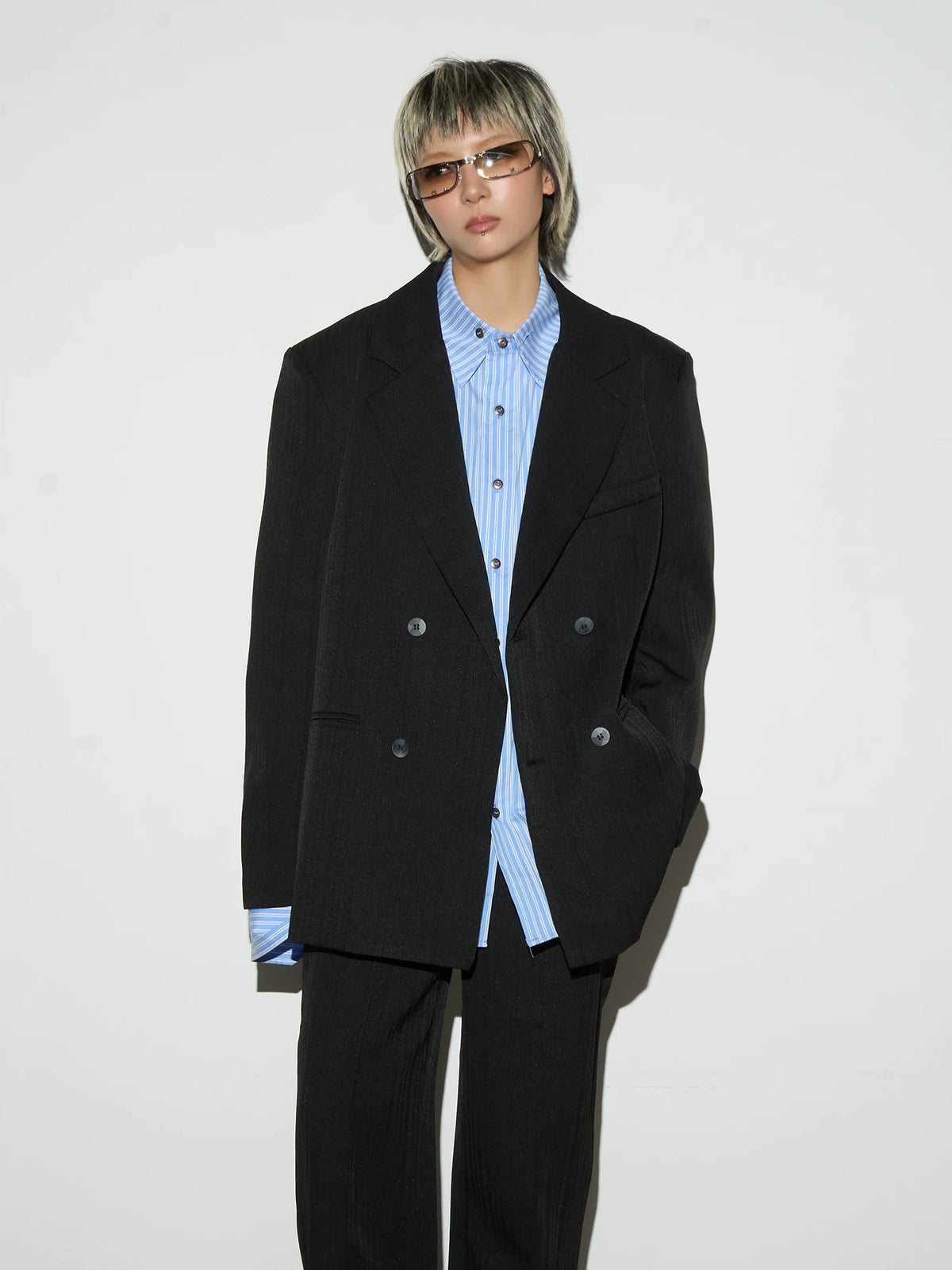 Shoulder-Pad Draped Tailored Jacket & Trousers Setup