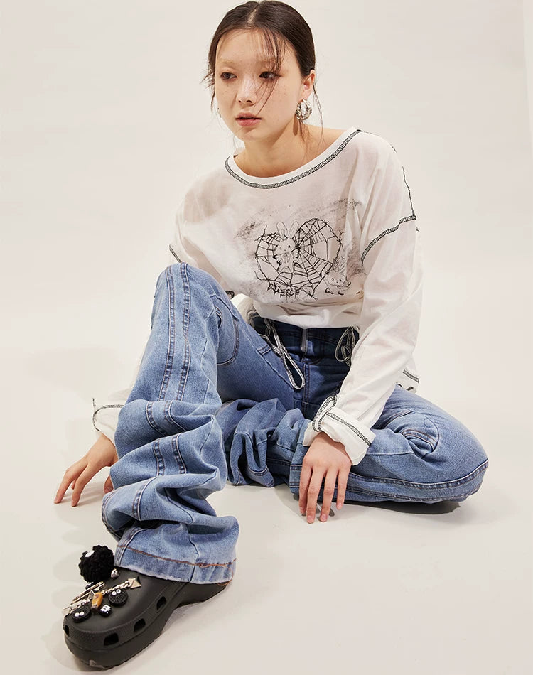 Hand-Drawn Rabbit Print Long Sleeve T-Shirt