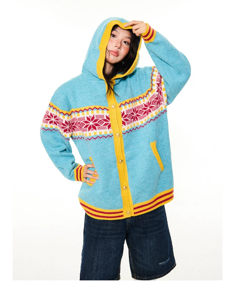 Contrast Pattern Hooded Knit Cardigan