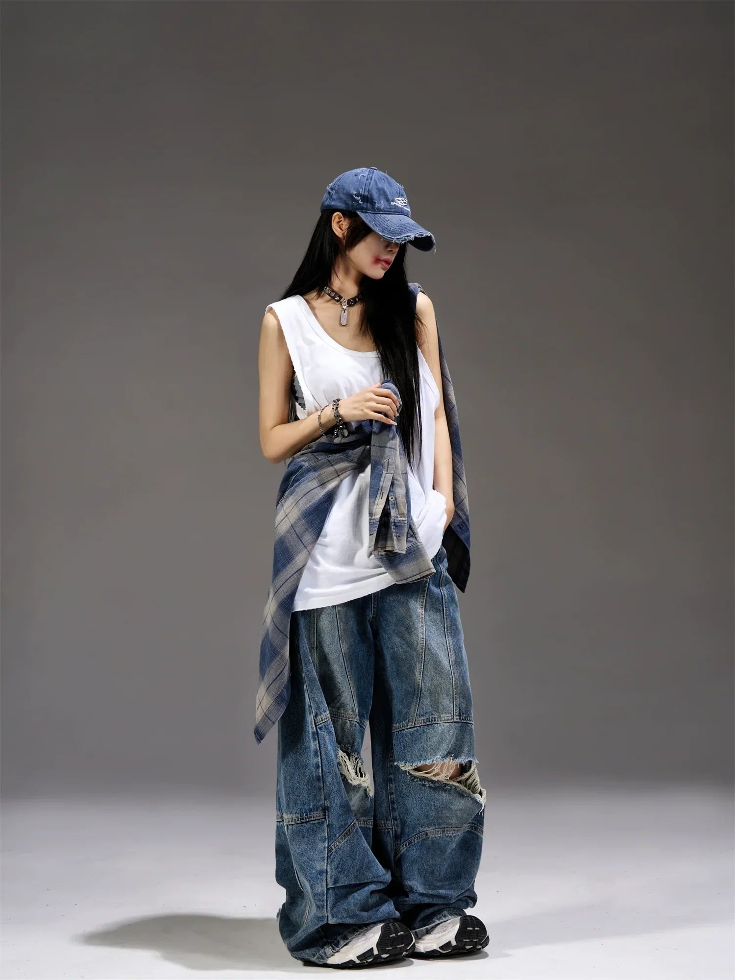 Gradient Plaid Long Sleeve Oversize Shirt