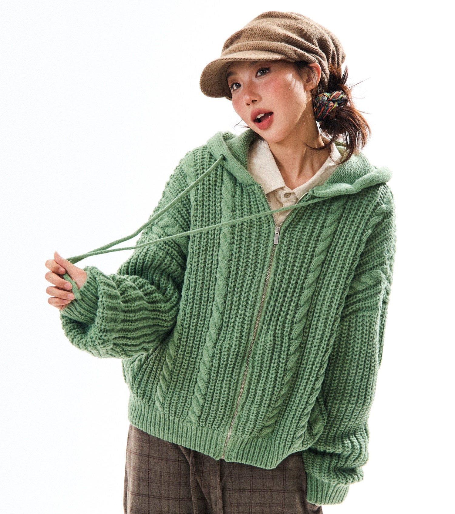 Chunky Knit Zipper Hooded Oversize Cardigan