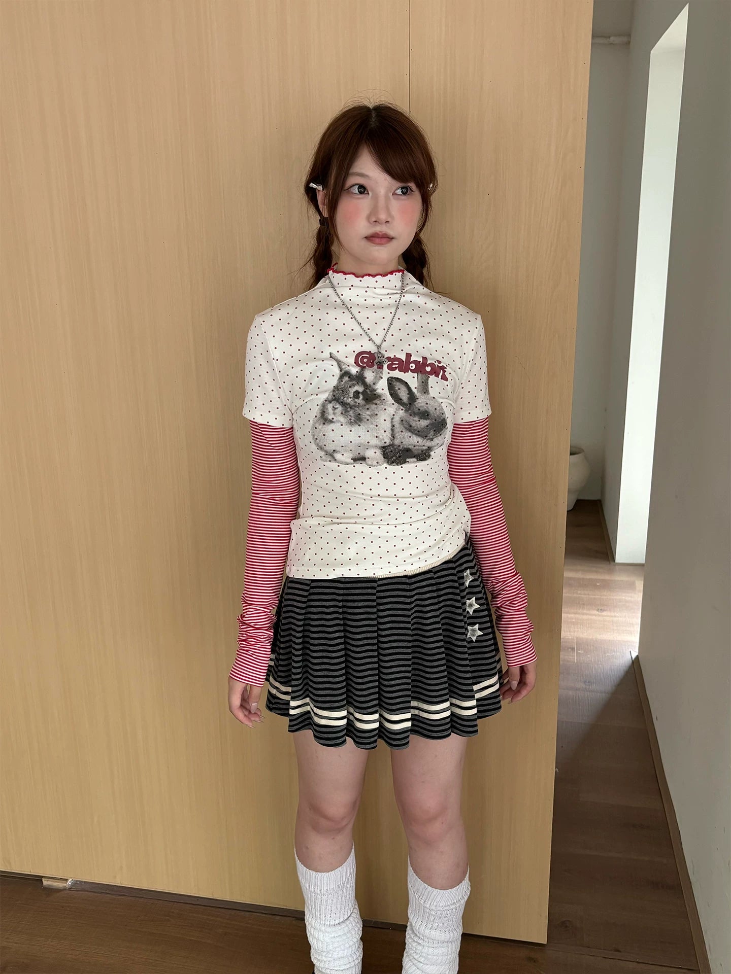 Rabbit Print Patchwork High-Neck Long Sleeve T-Shirt