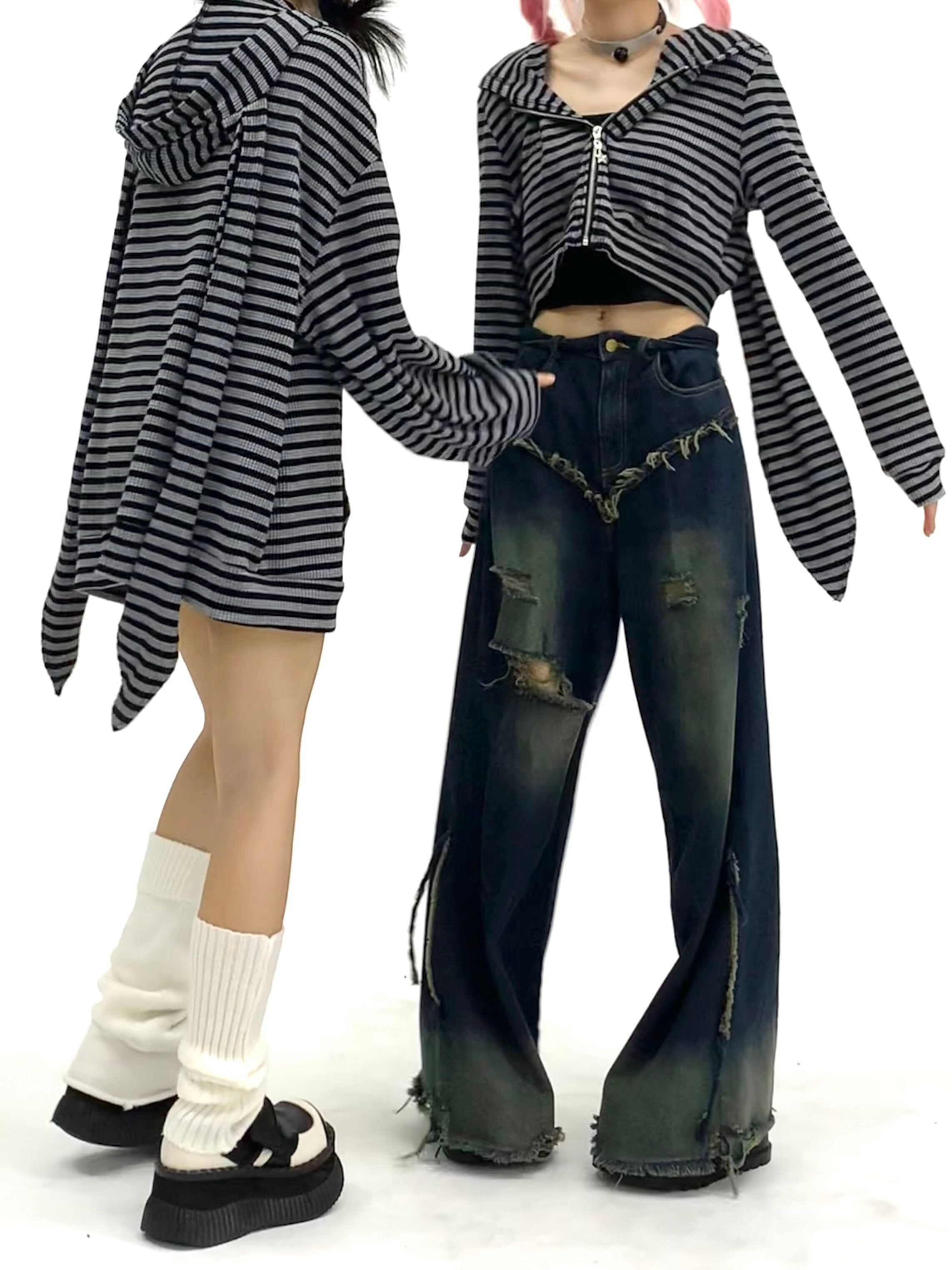 Striped Rabbit Ear Oversize Zipper Jacket & Zipper Coat