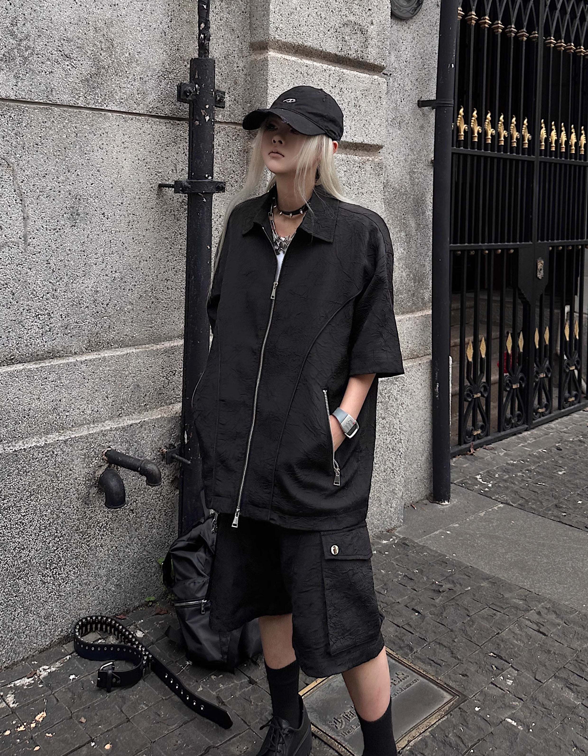 Deconstructed Texture Double Zipper Short Sleeve Shirt