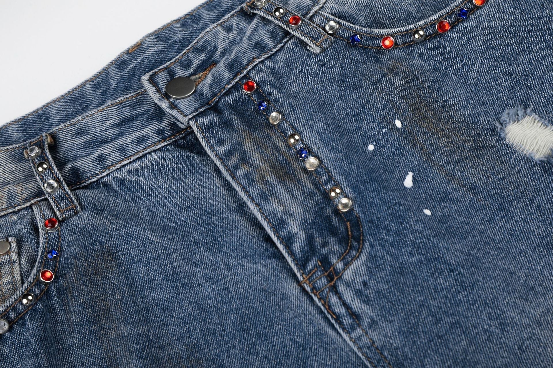Washed Paint Damage Wide Leg Denim Jeans