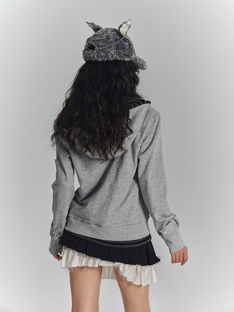 Embroidery Fake Layered Double Zipper Hoodie