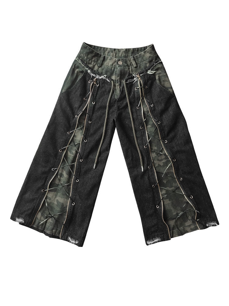 Camouflage Lace-Up Damage Cropped Denim Jeans & Scarf Set