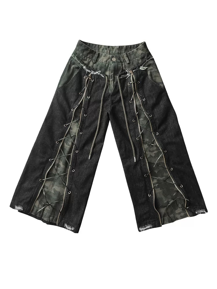 Camouflage Lace-Up Damage Cropped Denim Jeans & Scarf Set