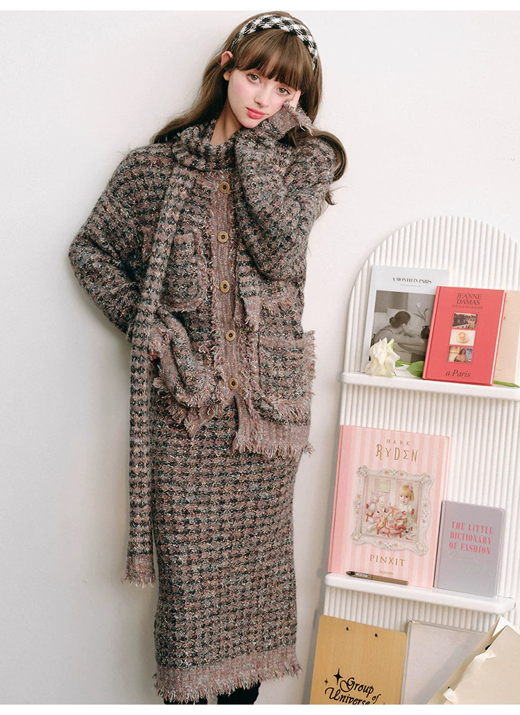 Plaid Button Cardigan & Scarf & Long Skirt Setup