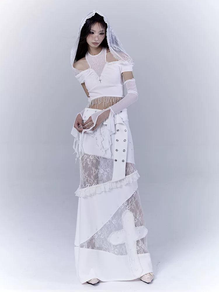 Lace Patchwork Low Waist Long Skirt