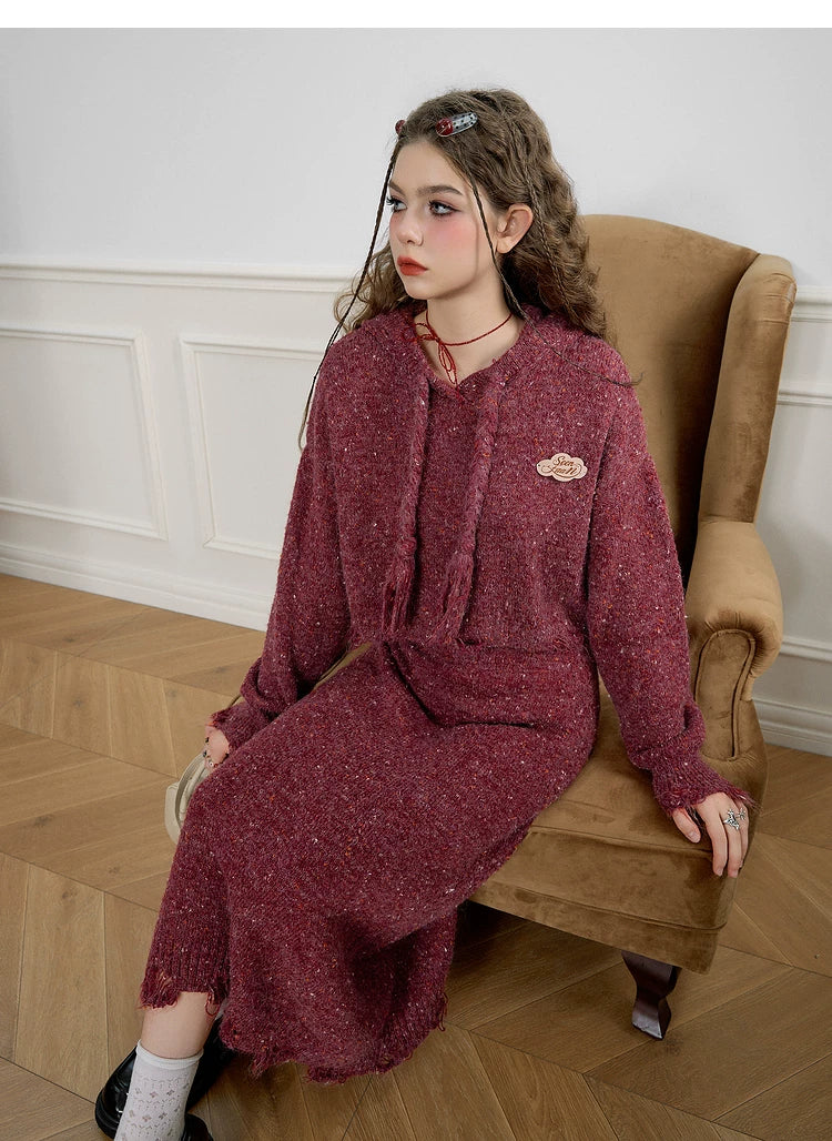 Textured Hooded Knit Sweater & Long Knit Skirt Setup