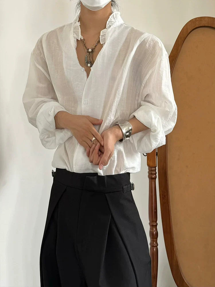 Pleats Lace V-Neck Elegant Long Sleeve Shirt