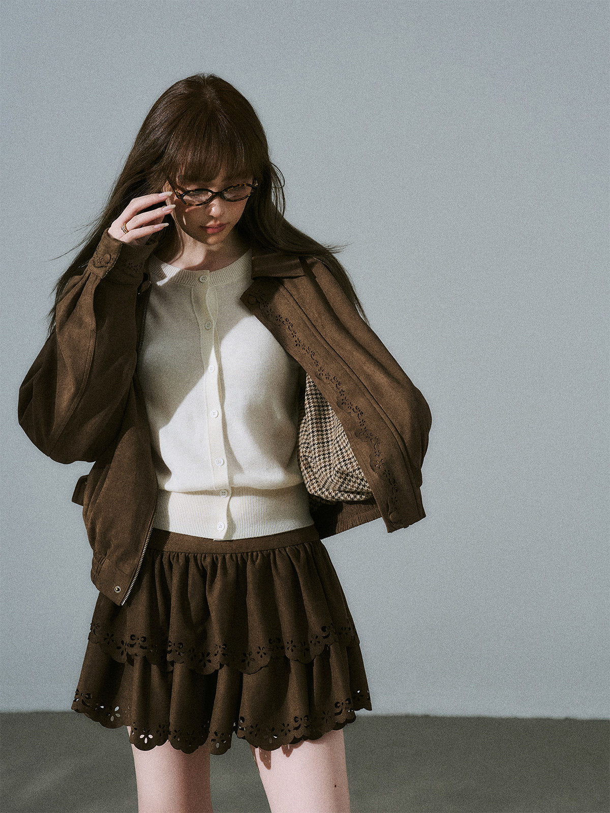 Suede Zipper Jacket & Scalloped Skirt Setup
